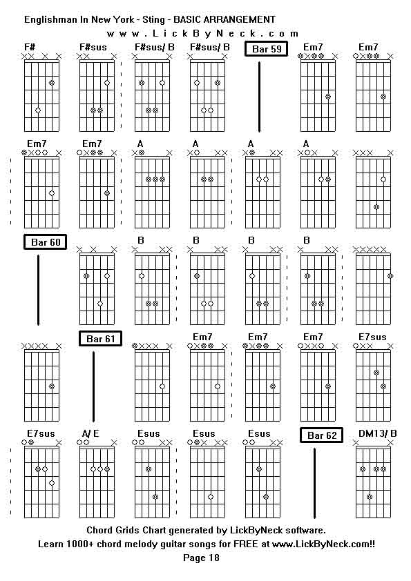 Chord Grids Chart of chord melody fingerstyle guitar song-Englishman In New York - Sting - BASIC ARRANGEMENT,generated by LickByNeck software.